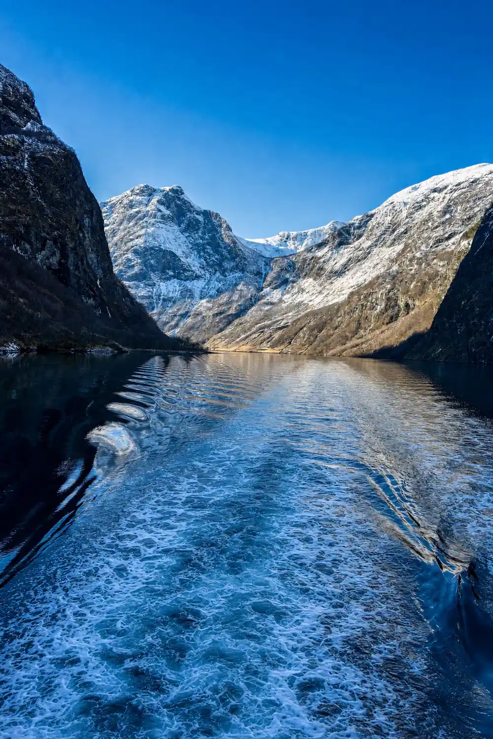 The boat's wake spreading across the fjord under a snowy peak