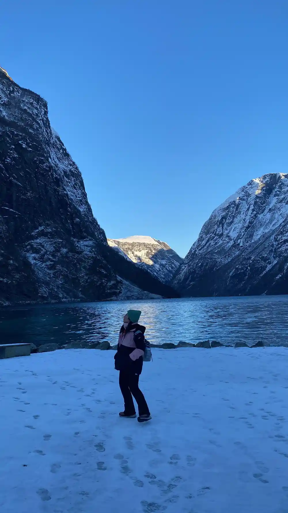 A figure on the snow at the fjord edge between white peaks