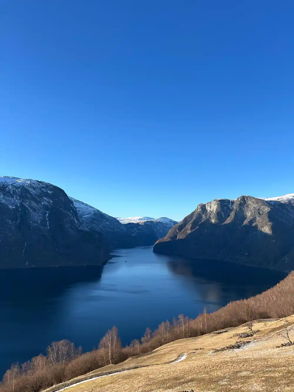 The fjord bending away between bare winter slopes
