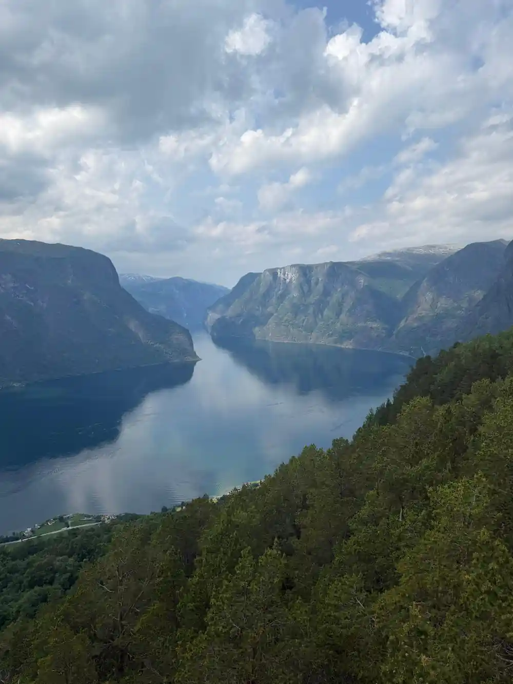 The fjord running away south under a high bank of cloud