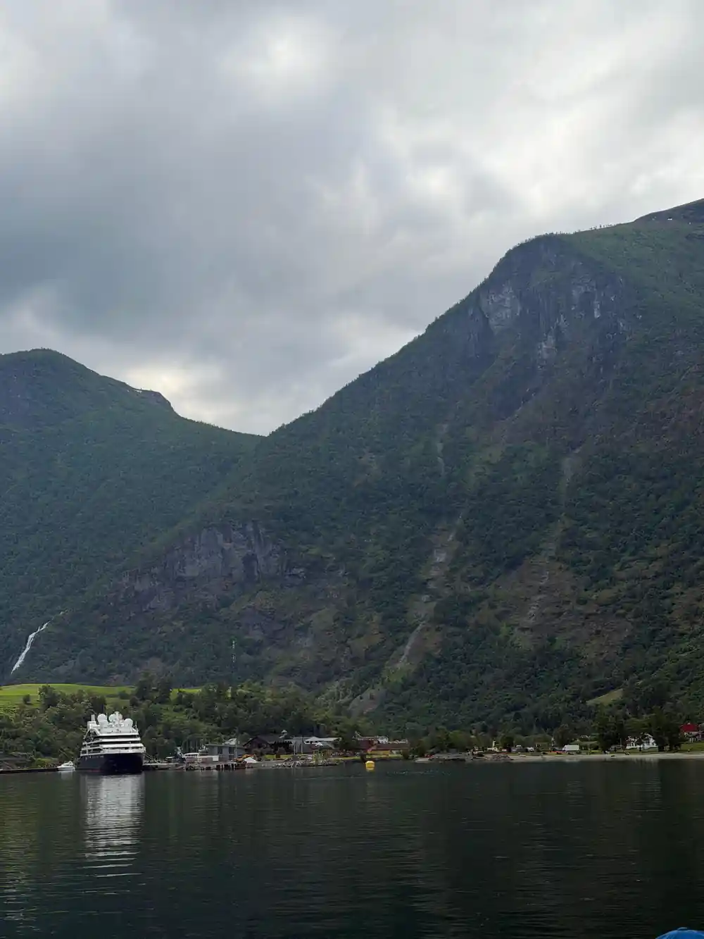 A green mountain wall above the fjord with a ship far below