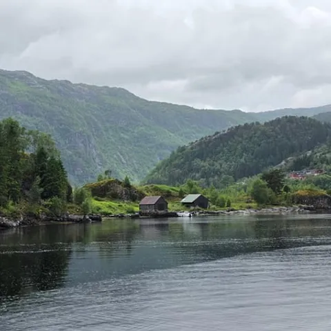 A boathouse on the Nærøyfjord shoreline