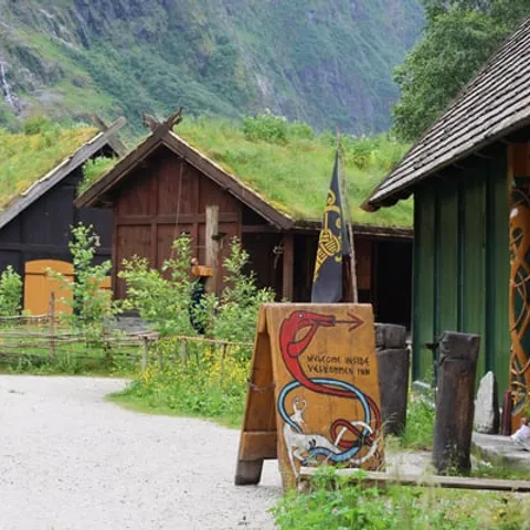 Turf-roofed houses at the Njardarheimr Viking village