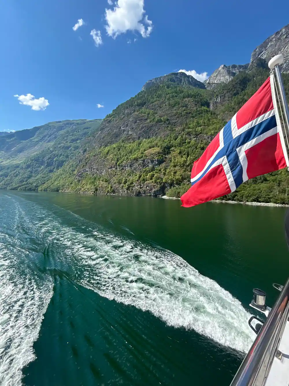 A Norwegian flag over the boat's wake between fjord walls