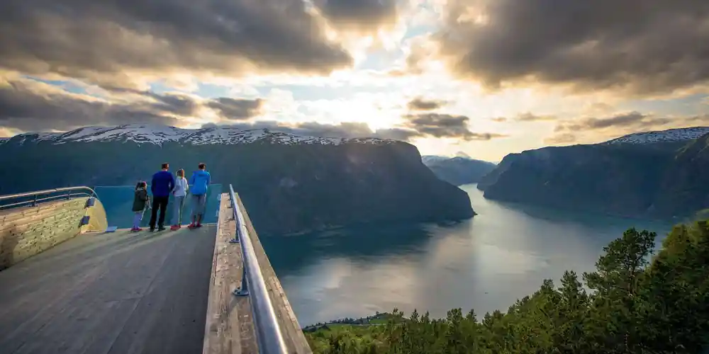 The Stegastein platform running out into low evening cloud over the fjord