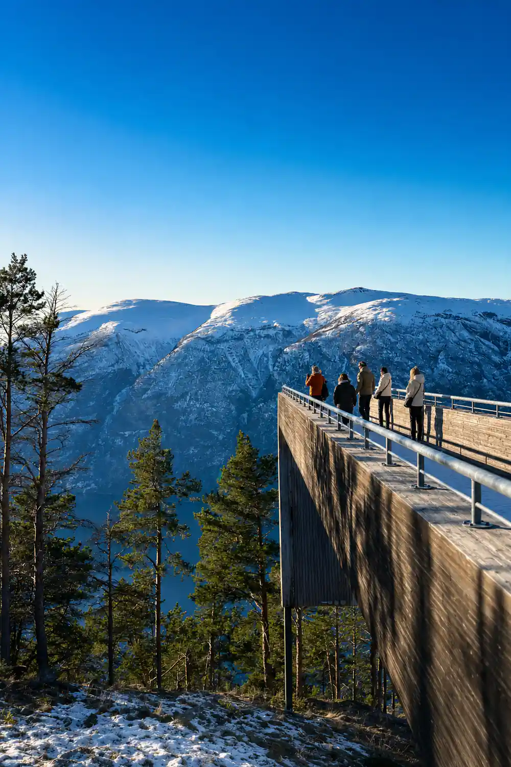 Visitors along the platform rail above a snow-covered fjord